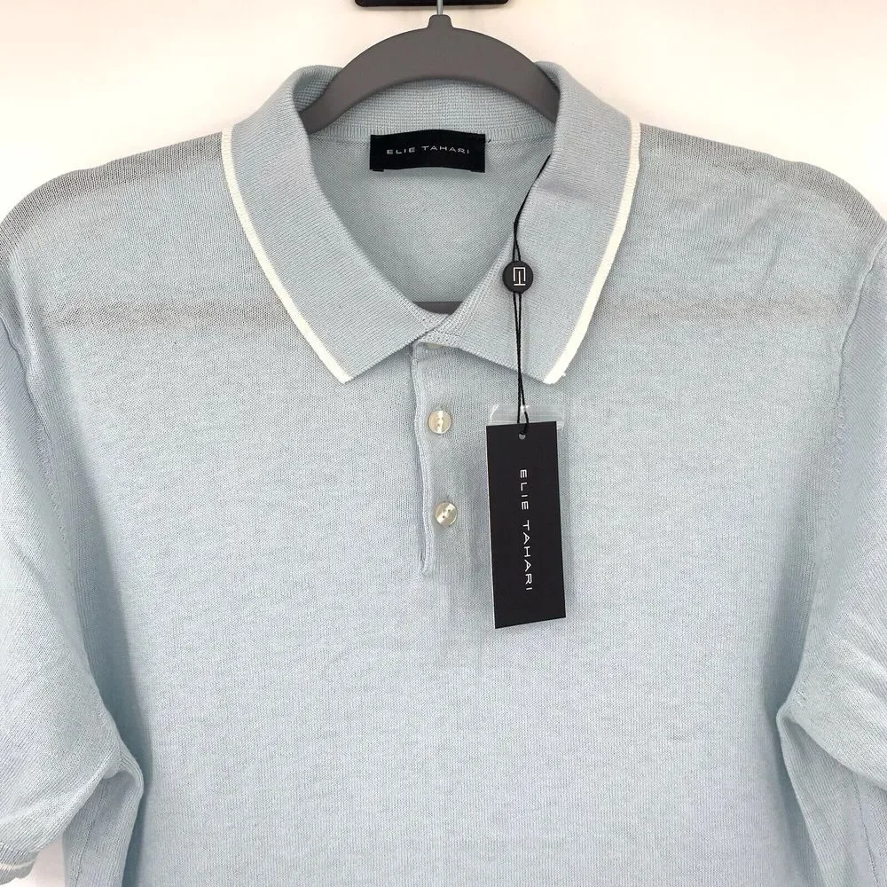 Elie Tahari  Men's Pullover Short Sleeve Blue/White Collared Knit Sweater Size M